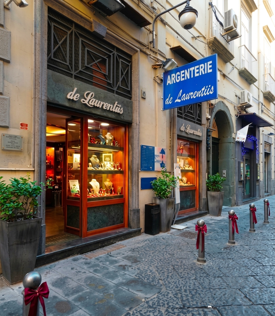 La vetrina della gioielleria De Laurentiis in Via Grande Orefici a Napoli, con l'insegna blu Argenterie de Laurentiis